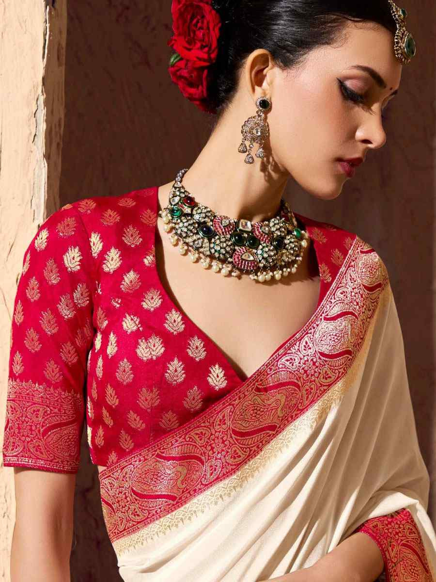 Cream Premium Crepe Georgette Handwoven Traditional Bridal Reception Festival Wedding Fancy Heavy Border Saree