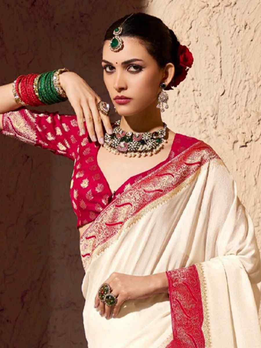 Cream Premium Crepe Georgette Handwoven Traditional Bridal Reception Festival Wedding Fancy Heavy Border Saree