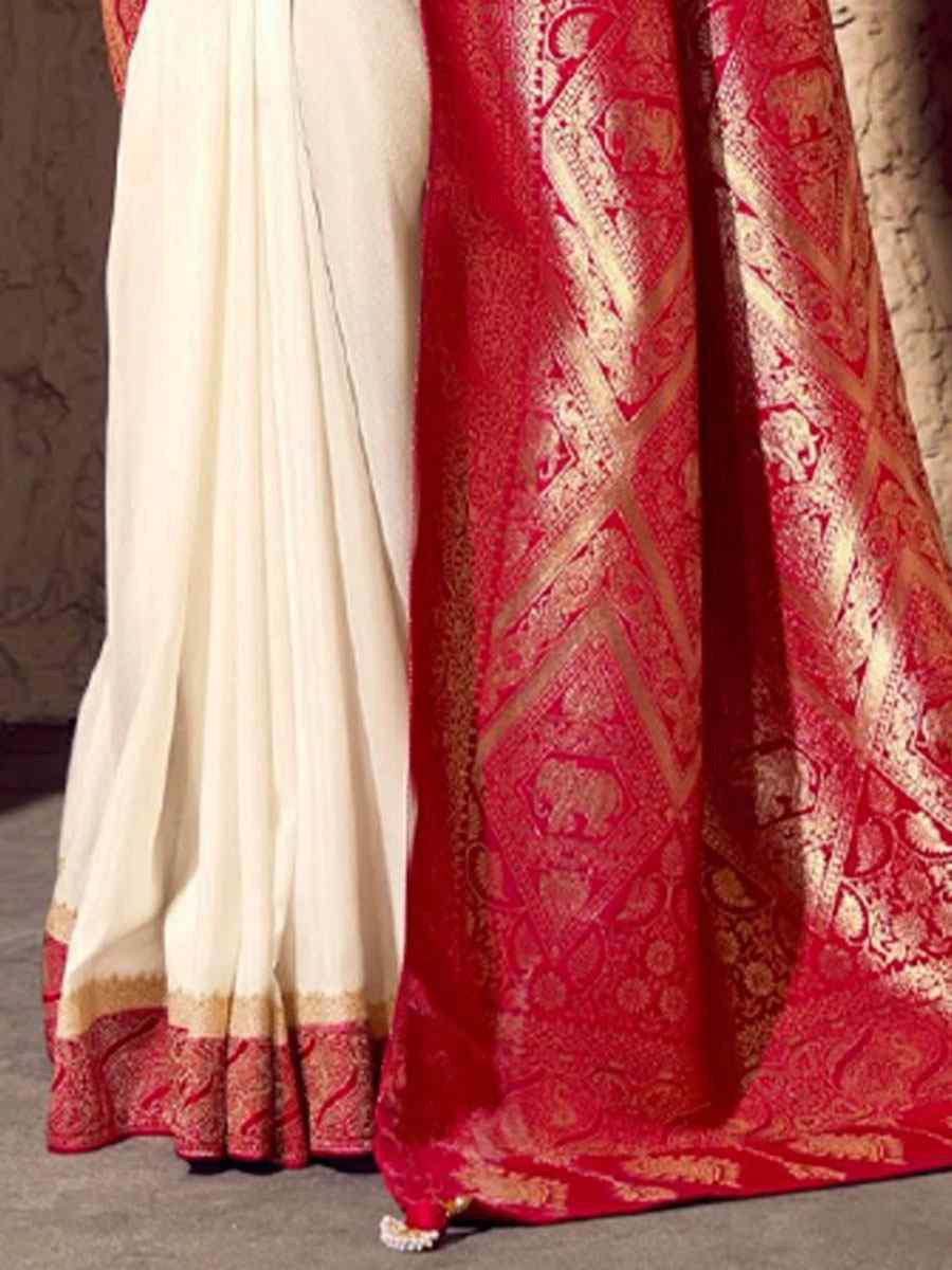 Cream Premium Crepe Georgette Handwoven Traditional Bridal Reception Festival Wedding Fancy Heavy Border Saree