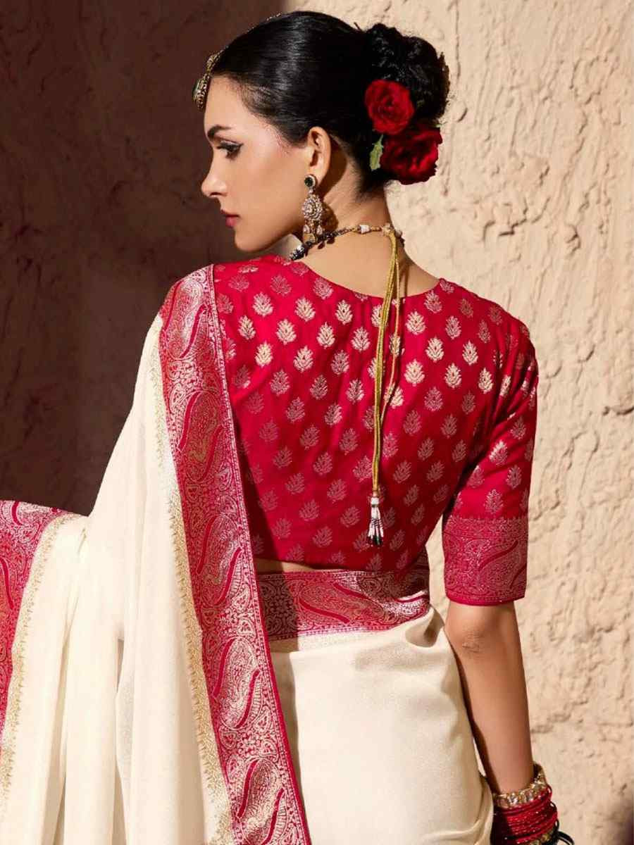 Cream Premium Crepe Georgette Handwoven Traditional Bridal Reception Festival Wedding Fancy Heavy Border Saree