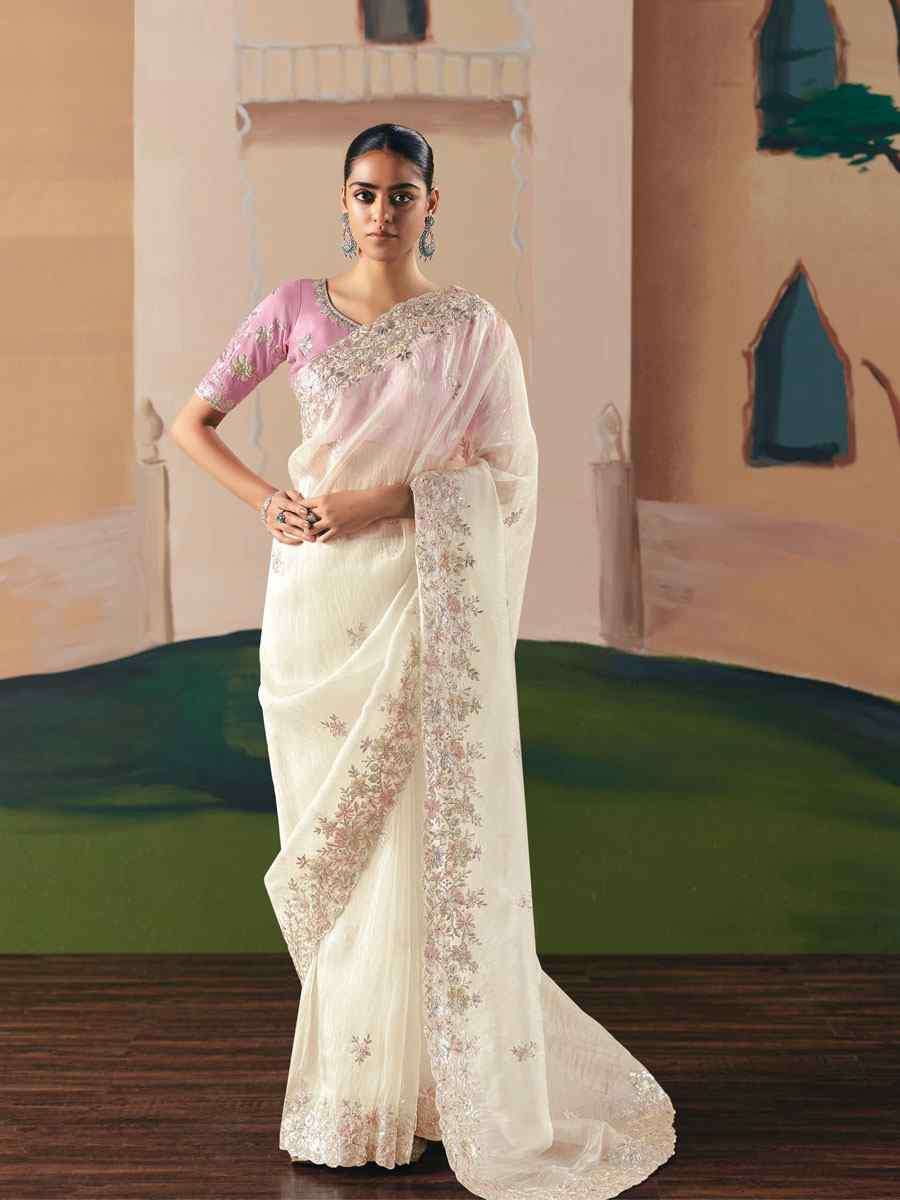 Cream Premium Fancy Silk Embroidery Bridal Reception Festival Wedding Fancy Heavy Border Saree