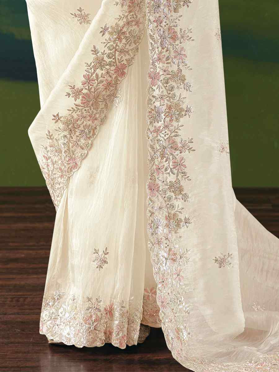 Cream Premium Fancy Silk Embroidery Bridal Reception Festival Wedding Fancy Heavy Border Saree