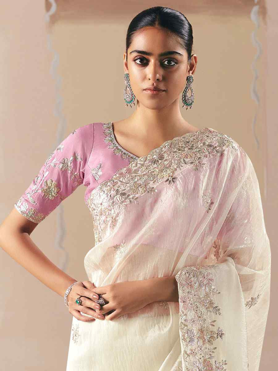 Cream Premium Fancy Silk Embroidery Bridal Reception Festival Wedding Fancy Heavy Border Saree