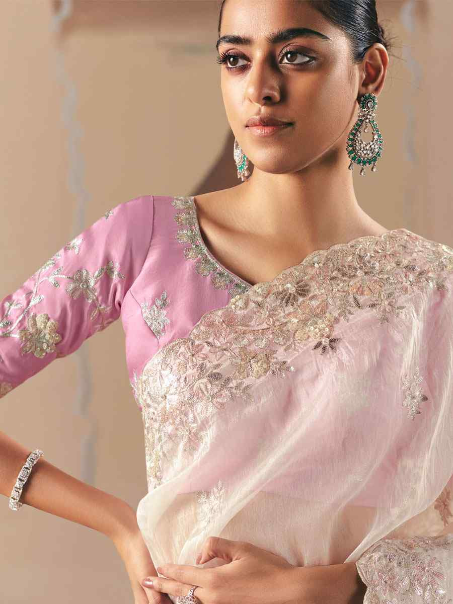 Cream Premium Fancy Silk Embroidery Bridal Reception Festival Wedding Fancy Heavy Border Saree