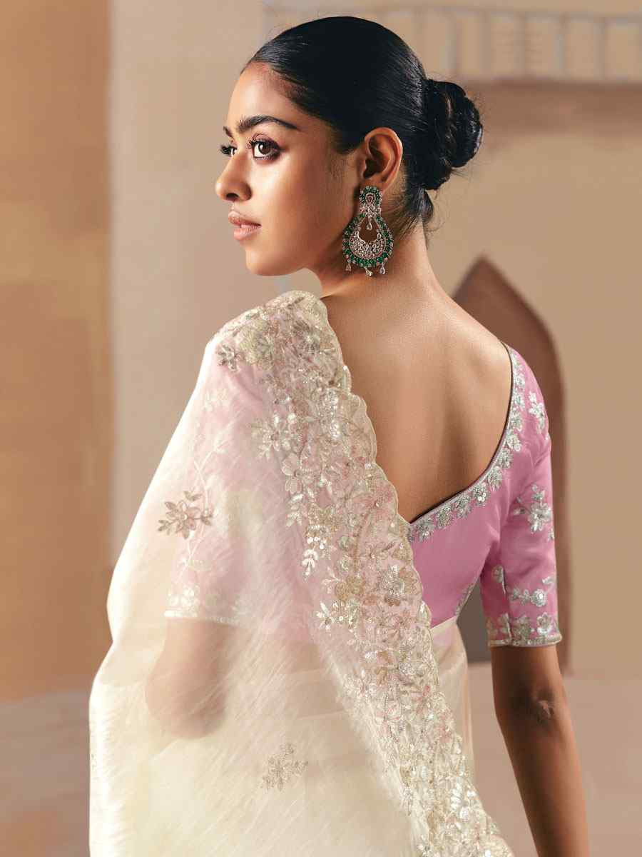 Cream Premium Fancy Silk Embroidery Bridal Reception Festival Wedding Fancy Heavy Border Saree