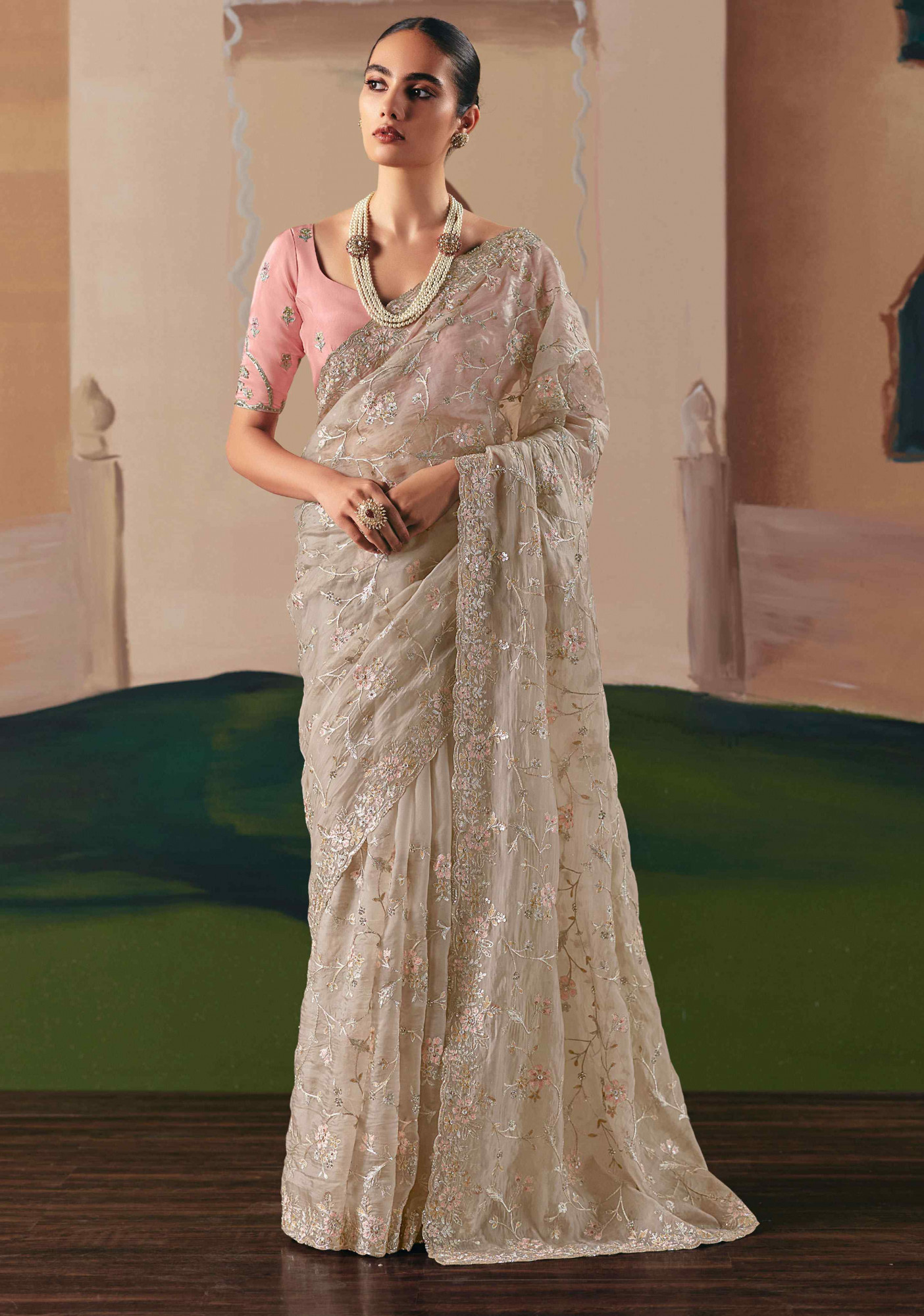 Cream Premium Fancy Silk Embroidery Bridal Reception Festival Wedding Fancy Heavy Border Saree