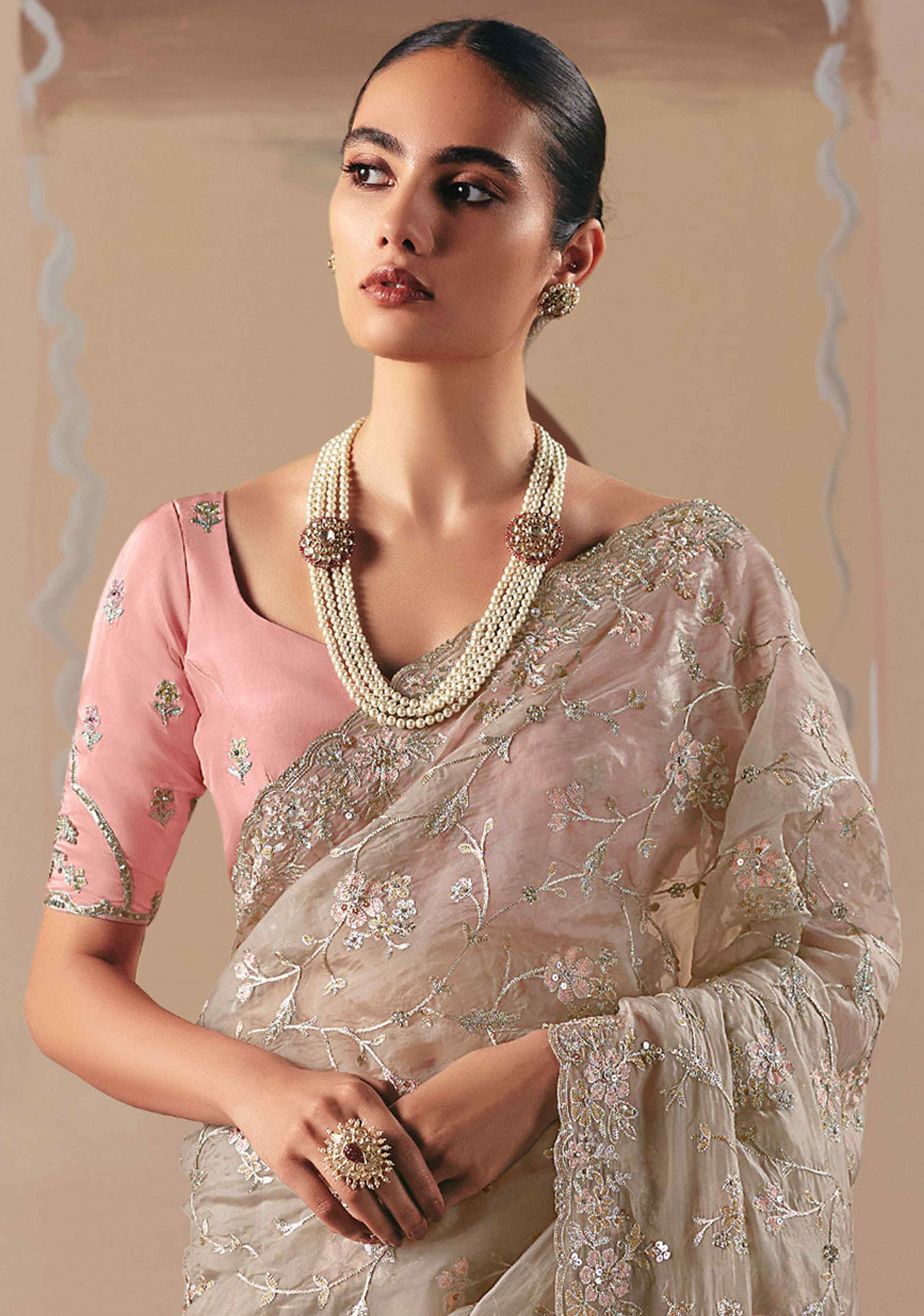 Cream Premium Fancy Silk Embroidery Bridal Reception Festival Wedding Fancy Heavy Border Saree