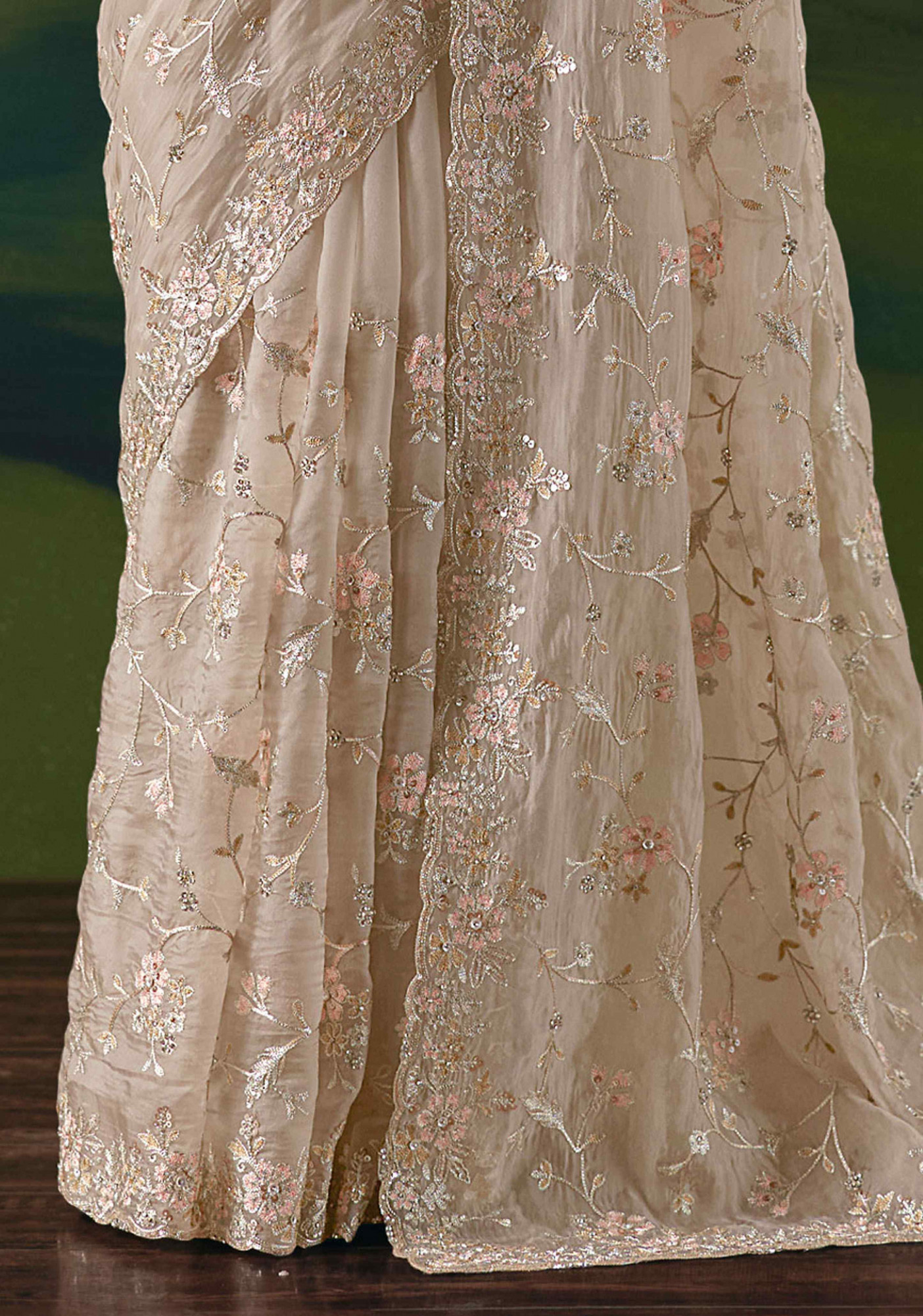 Cream Premium Fancy Silk Embroidery Bridal Reception Festival Wedding Fancy Heavy Border Saree