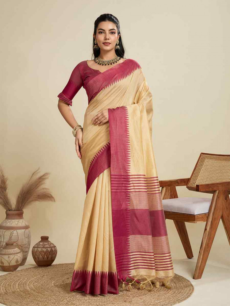 Image of Cream Premium Khadi Raw Silk Zari Handwoven Casual Reception Festival Wedding Fancy Classic Style Sarees