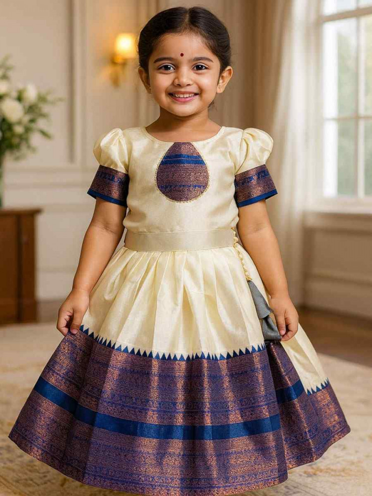 Image of Cream Premium Linen Brocade Kids Wear Wedding Festival Lehengas Girls Wear