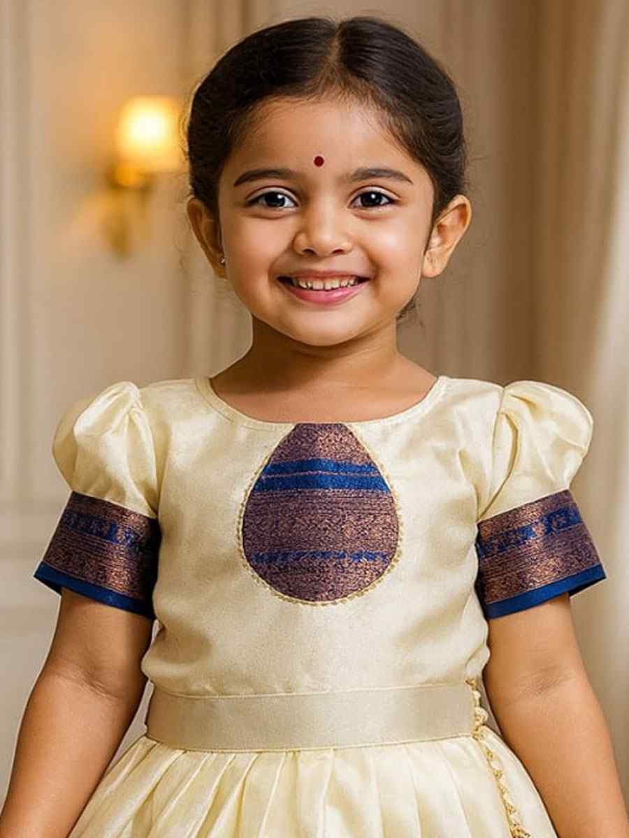 Cream Premium Linen Brocade Kids Wear Wedding Festival Lehengas Girls Wear