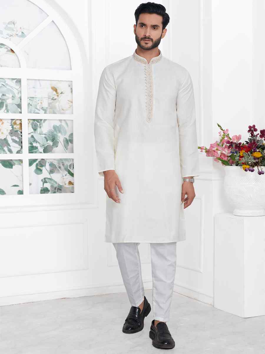 Cream Premium Linen Cotton Printed Festival Casual Kurta