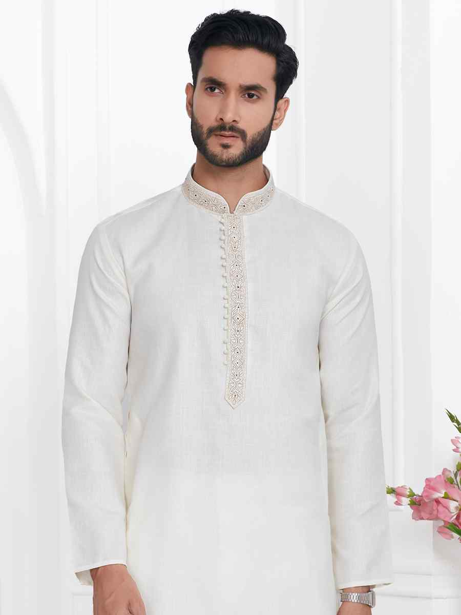 Cream Premium Linen Cotton Printed Festival Casual Kurta