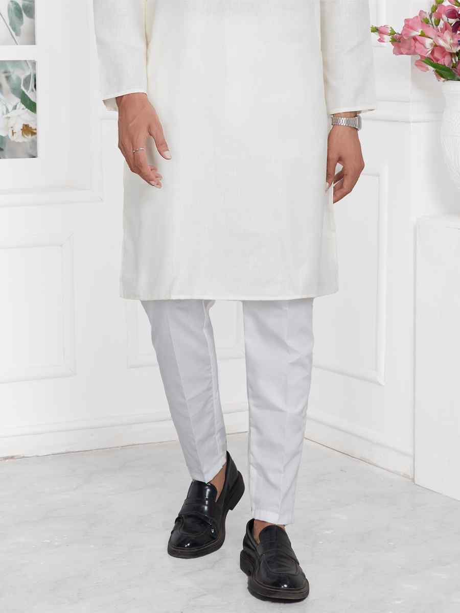 Cream Premium Linen Cotton Printed Festival Casual Kurta