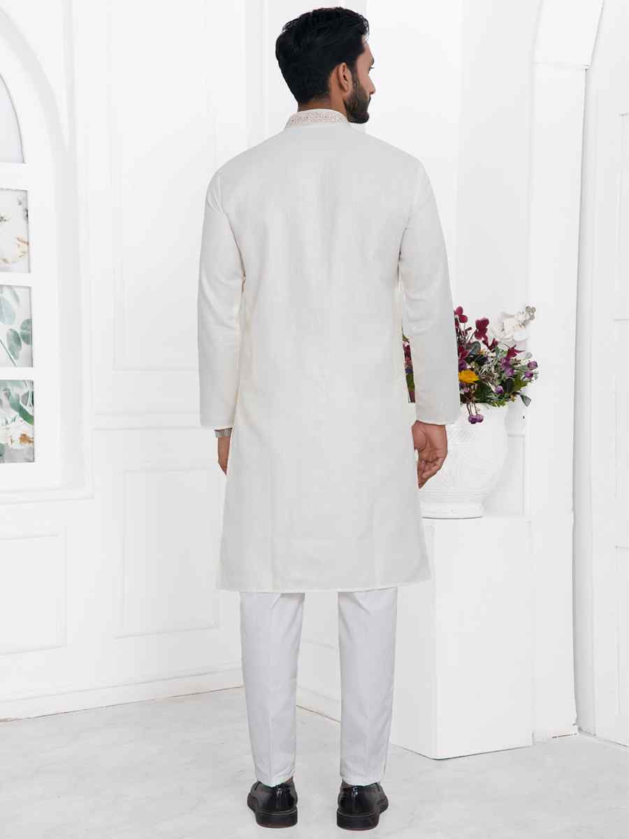 Cream Premium Linen Cotton Printed Festival Casual Kurta