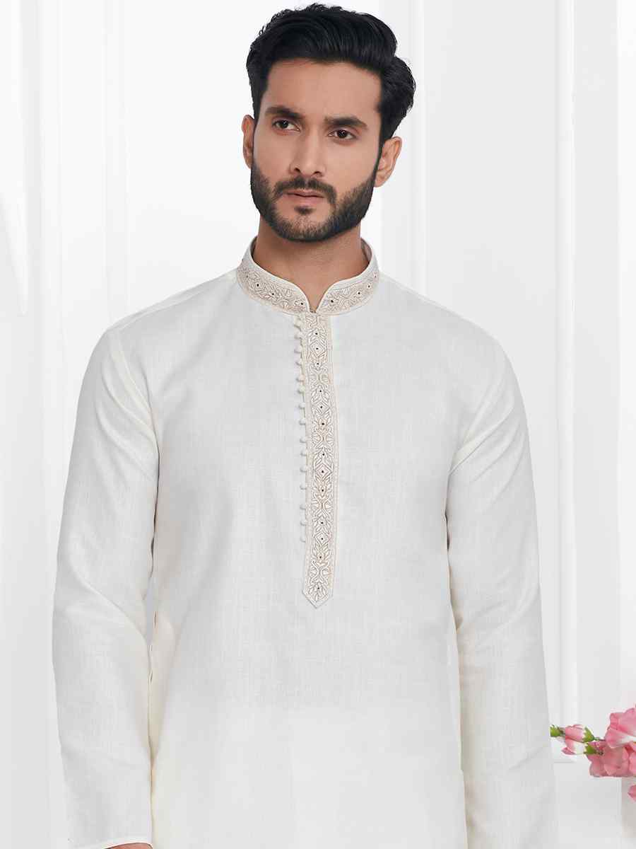 Cream Premium Linen Cotton Printed Festival Casual Kurta