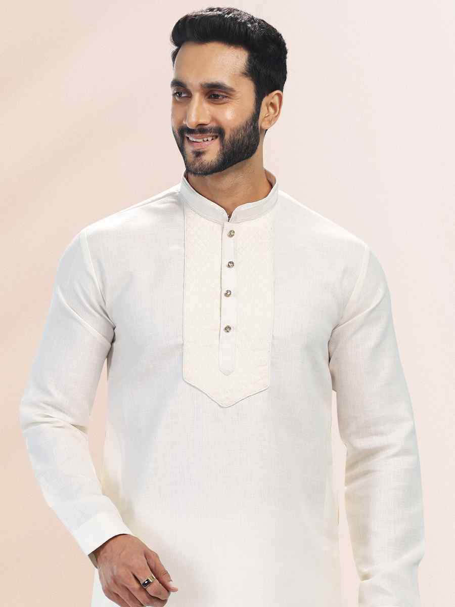 Cream Premium Linen Cotton Woven Festival Party Kurta
