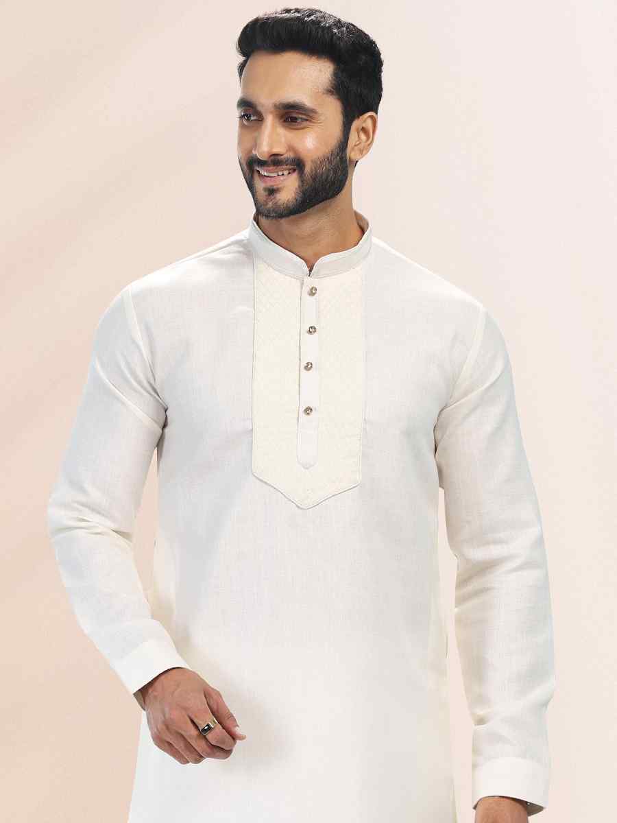 Cream Premium Linen Cotton Woven Festival Party Kurta