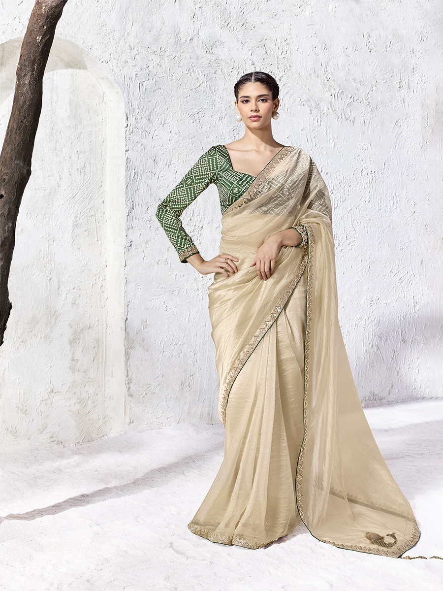 Cream Premium Luxe Silk Organza Embroidery Sequins Wedding Reception Party Festival Casual Heavy Border Sarees