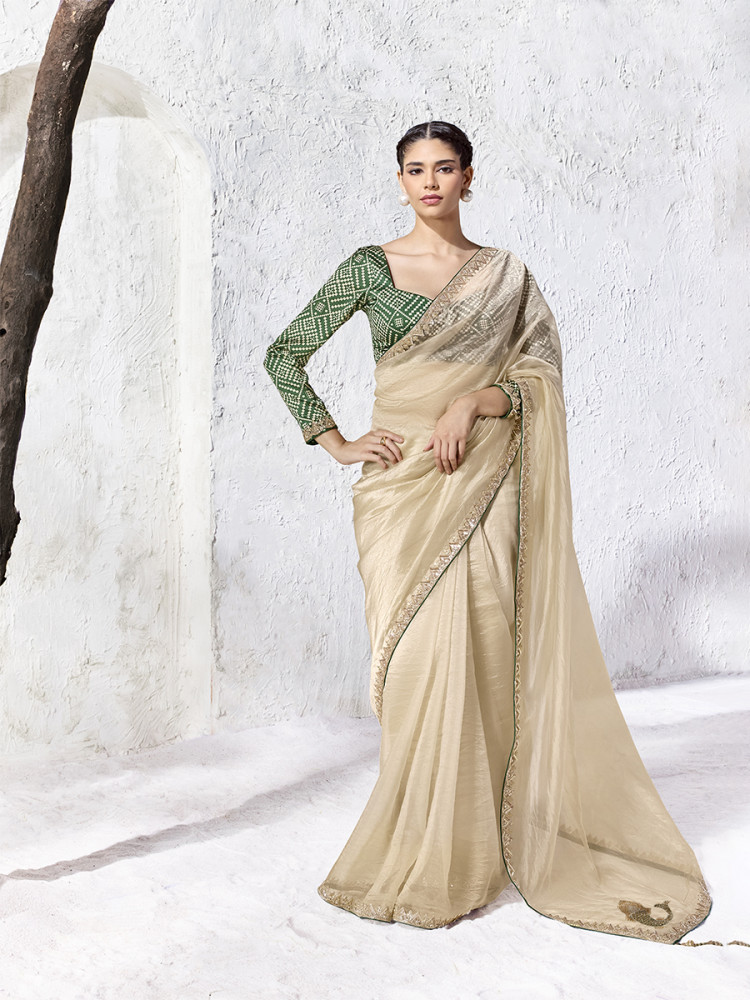 Image of Cream Premium Luxe Silk Organza Embroidery Sequins Wedding Reception Party Festival Casual Heavy Border Sarees