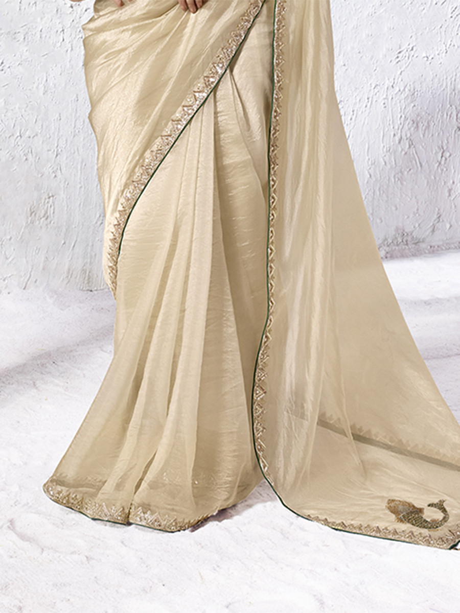 Cream Premium Luxe Silk Organza Embroidery Sequins Wedding Reception Party Festival Casual Heavy Border Sarees