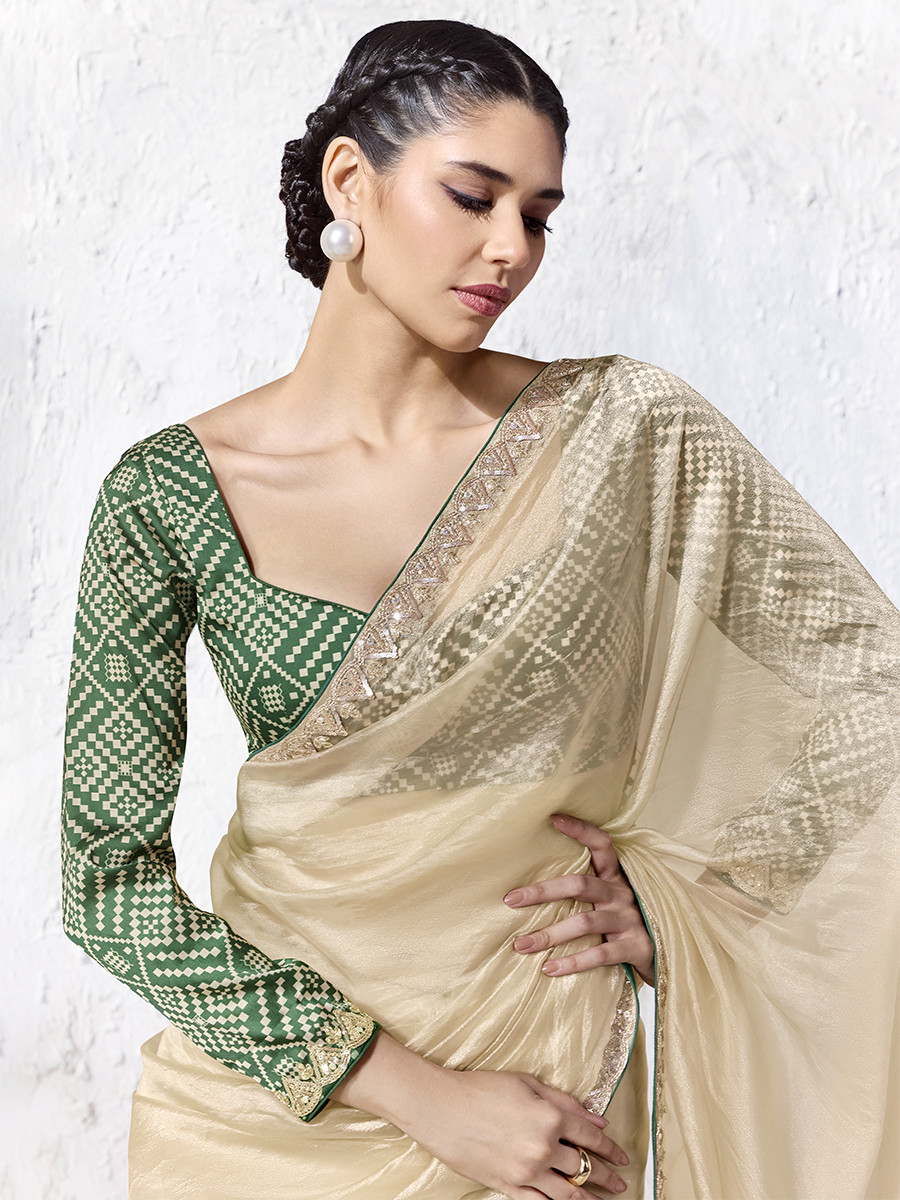 Cream Premium Luxe Silk Organza Embroidery Sequins Wedding Reception Party Festival Casual Heavy Border Sarees