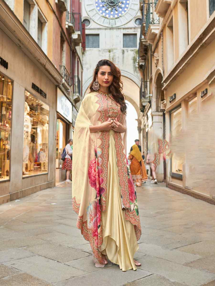 Image of Cream Premium Real French Crepe Silk Printed Embroidered Festival Casual Kurti Bottom Jacket Women Wear