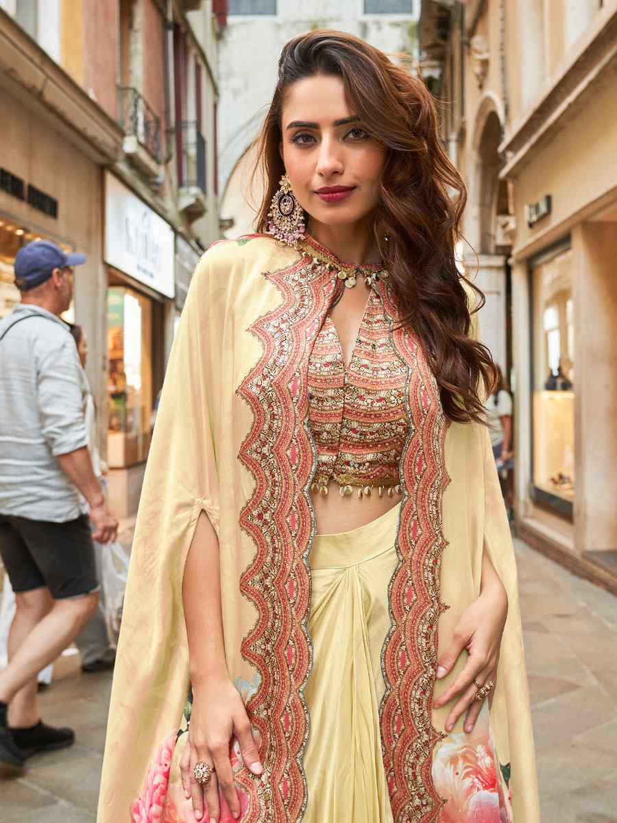 Cream Premium Real French Crepe Silk Printed Embroidered Festival Casual Kurti Bottom Jacket Women Wear