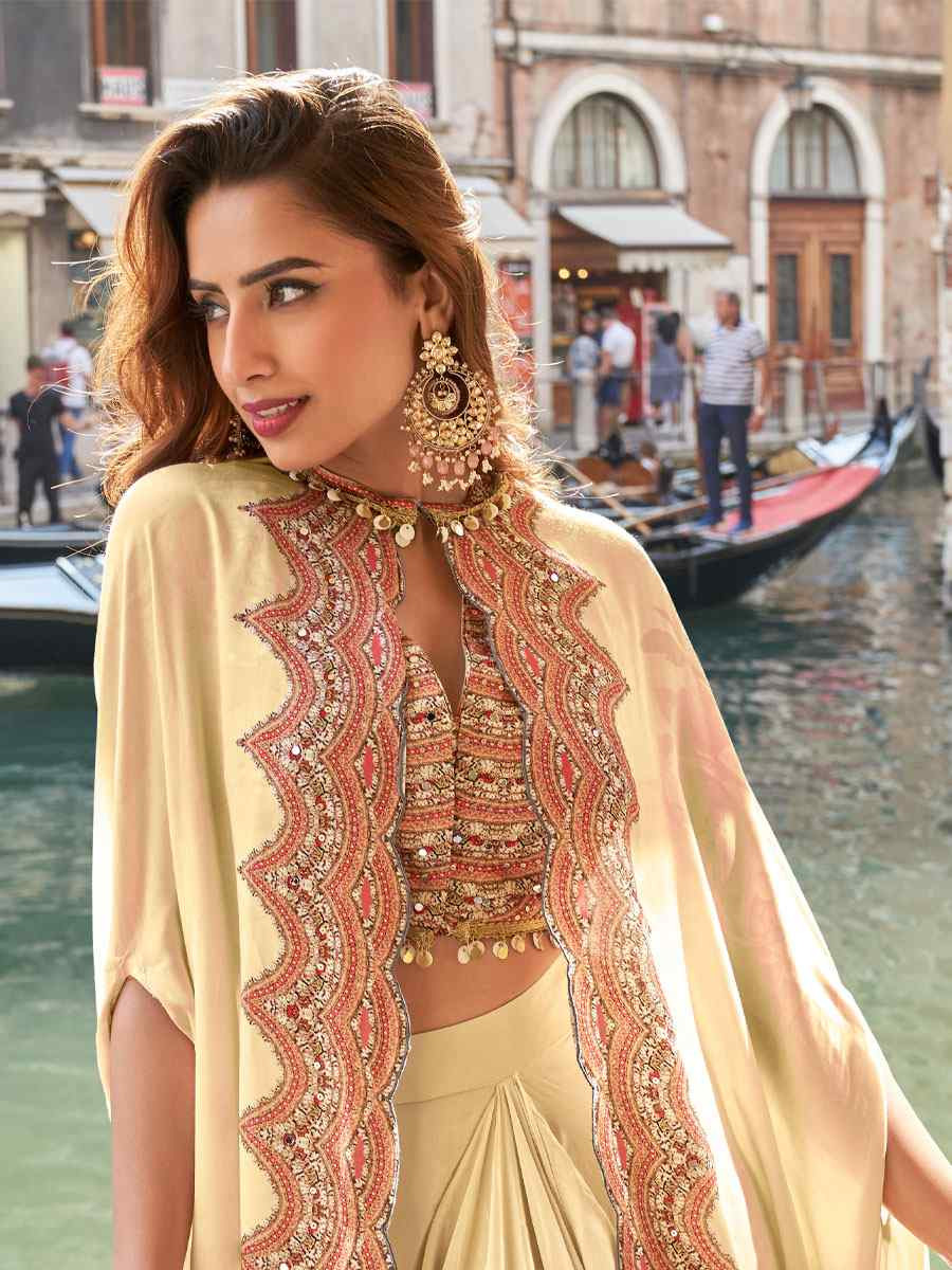 Cream Premium Real French Crepe Silk Printed Embroidered Festival Casual Kurti Bottom Jacket Women Wear