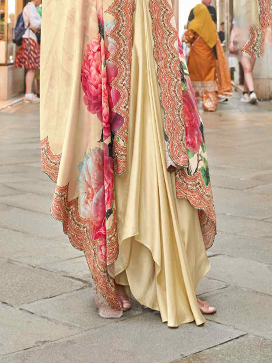 Cream Premium Real French Crepe Silk Printed Embroidered Festival Casual Kurti Bottom Jacket Women Wear