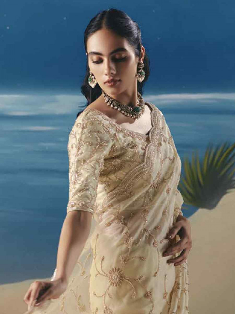 Image of Cream Premium Satin Organza Embroidery Traditional Bridal Reception Festival Wedding Fancy Heavy Border Saree