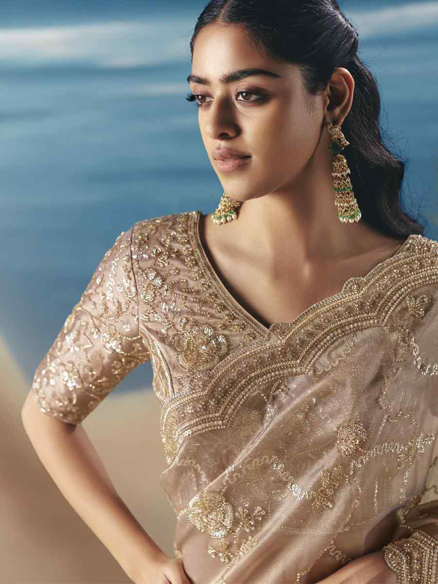 Cream Premium Satin Organza Embroidery Traditional Bridal Reception Festival Wedding Fancy Heavy Border Saree