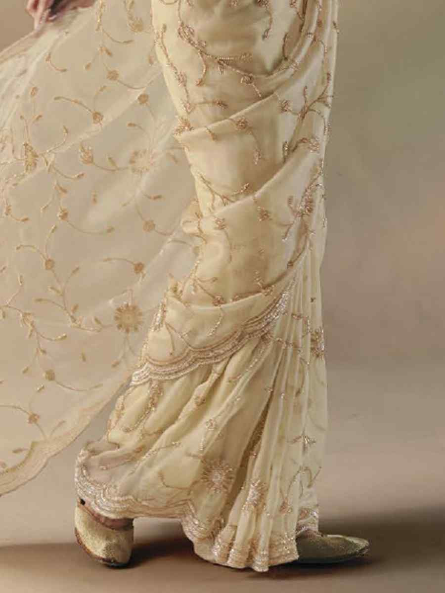 Cream Premium Satin Organza Embroidery Traditional Bridal Reception Festival Wedding Fancy Heavy Border Saree