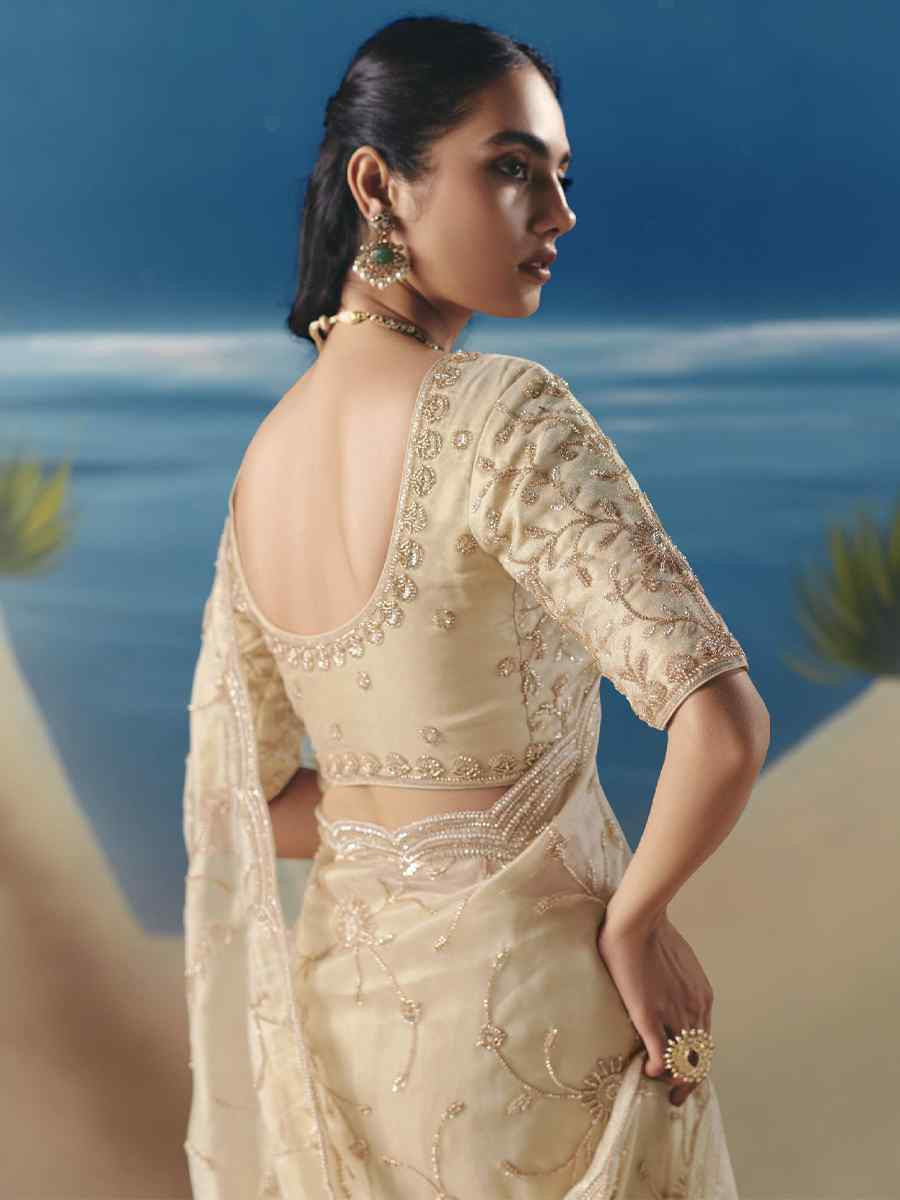 Cream Premium Satin Organza Embroidery Traditional Bridal Reception Festival Wedding Fancy Heavy Border Saree