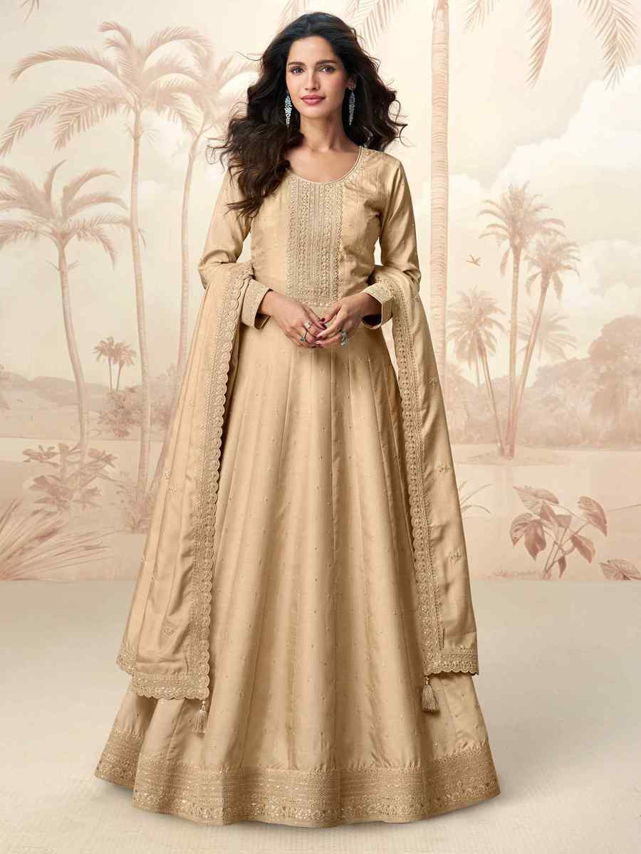 Cream Premium Silk Embroidered Festival Casual Gown