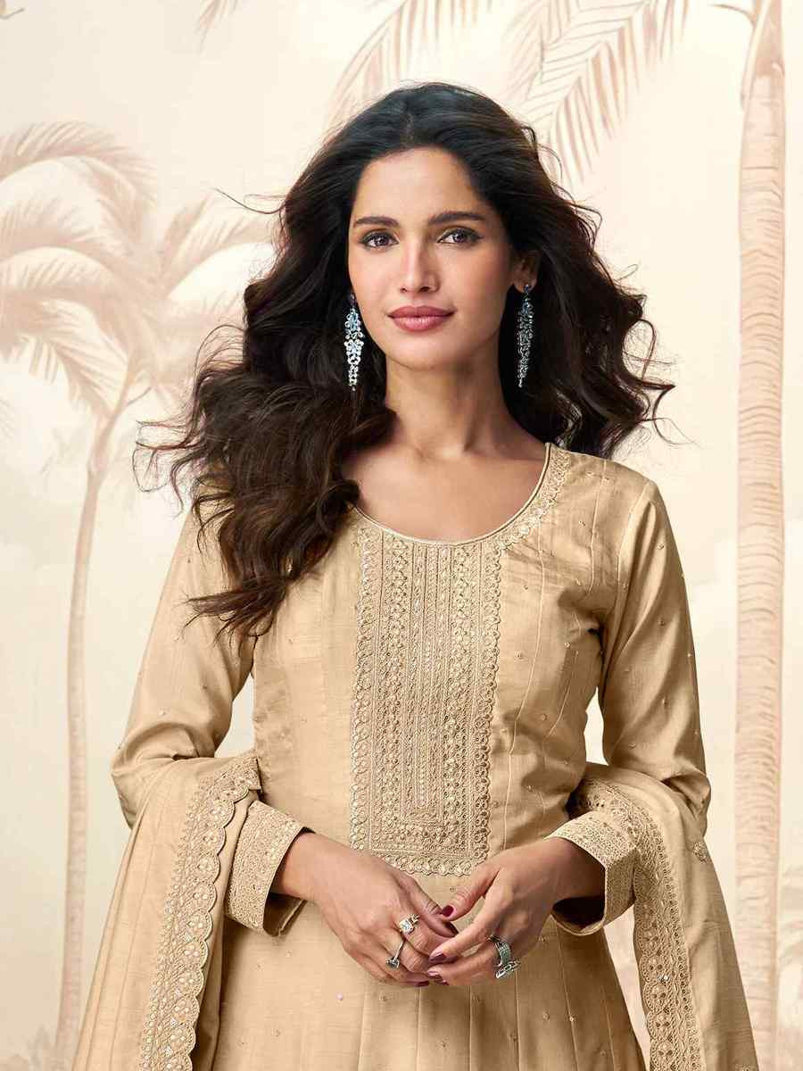 Cream Premium Silk Embroidered Festival Casual Gown