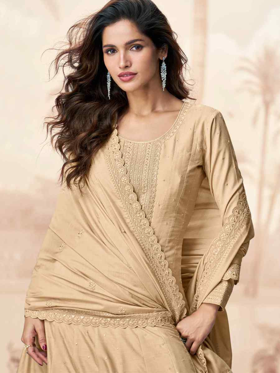 Cream Premium Silk Embroidered Festival Casual Gown