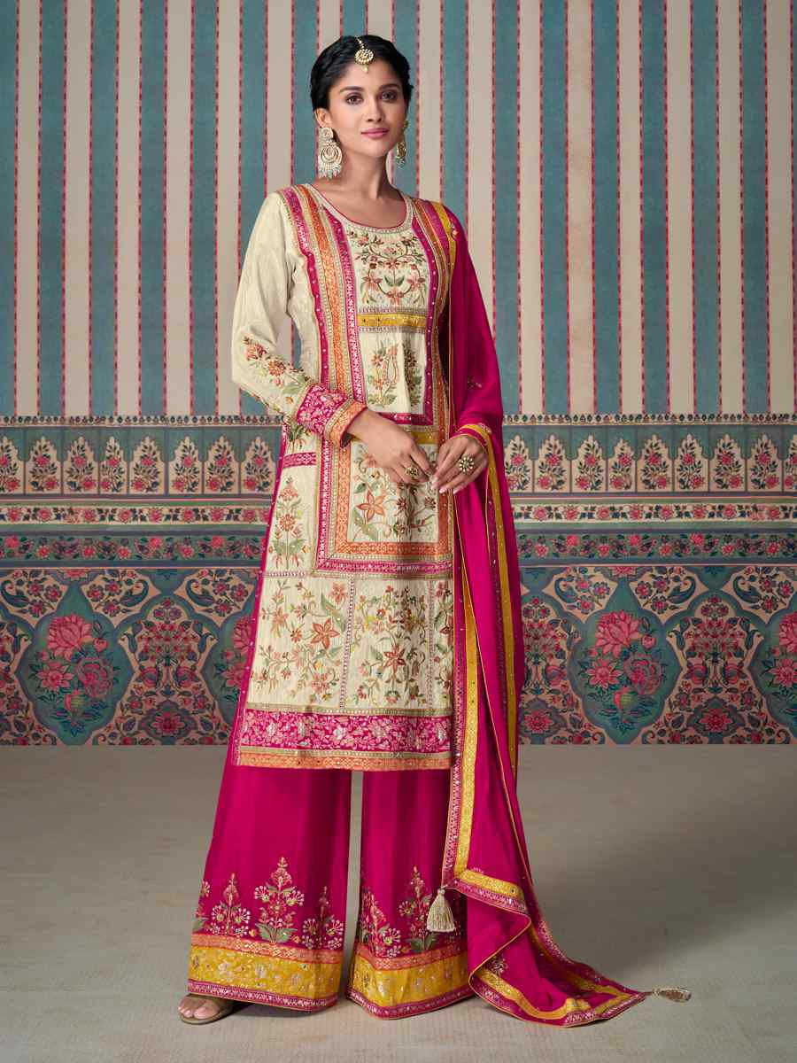 Cream Premium Simar Silk Embroidered Festival Wedding Palazzo Pant Salwar Kameez