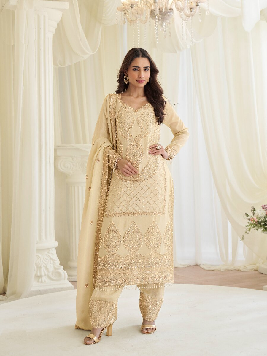 Cream Premium Simar Silk Embroidery Sequins Wedding Party Festival Casual Ready Palazzo Pant Salwar Kameez
