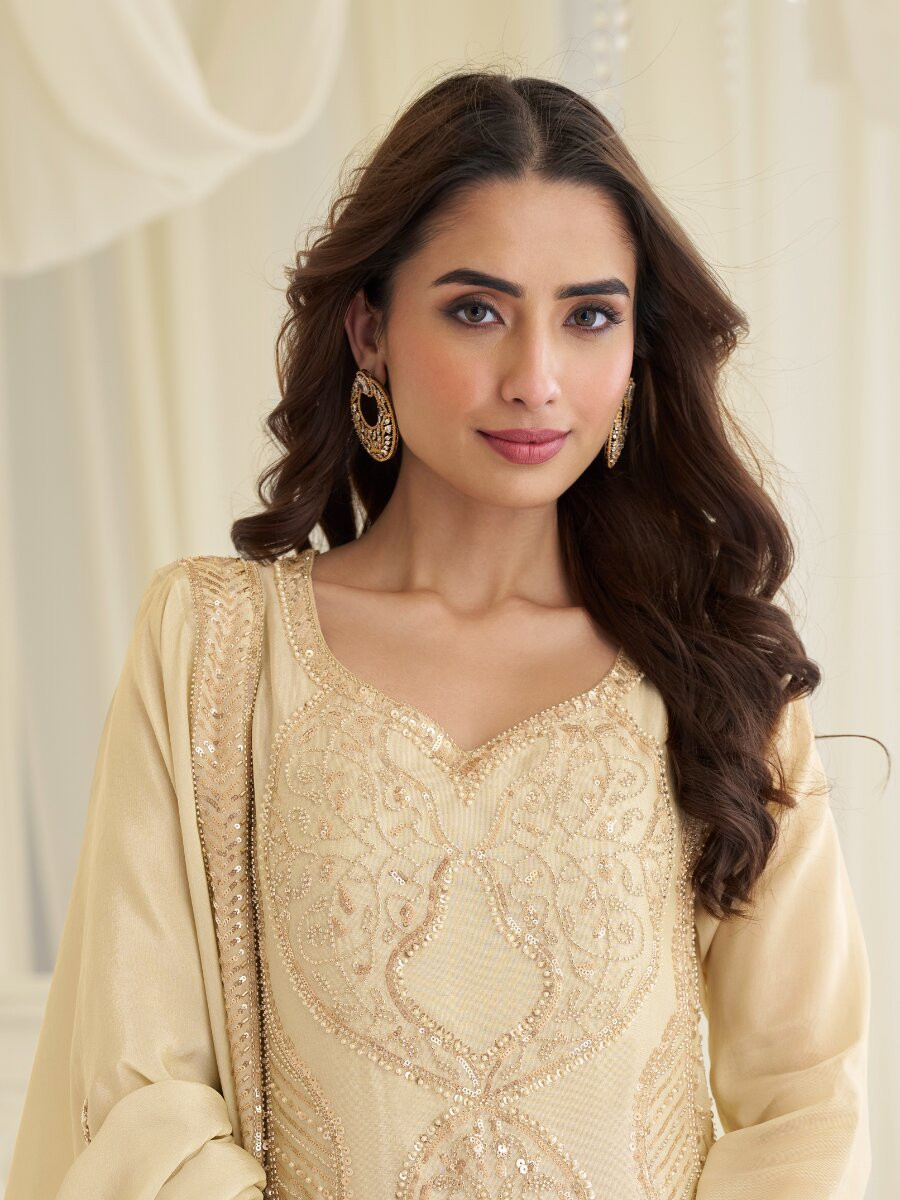 Cream Premium Simar Silk Embroidery Sequins Wedding Party Festival Casual Ready Palazzo Pant Salwar Kameez
