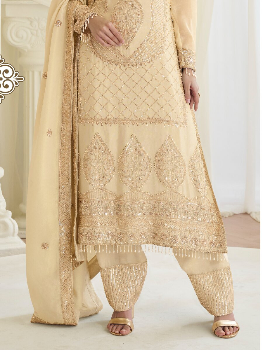 Cream Premium Simar Silk Embroidery Sequins Wedding Party Festival Casual Ready Palazzo Pant Salwar Kameez