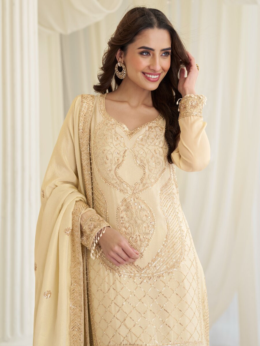 Cream Premium Simar Silk Embroidery Sequins Wedding Party Festival Casual Ready Palazzo Pant Salwar Kameez
