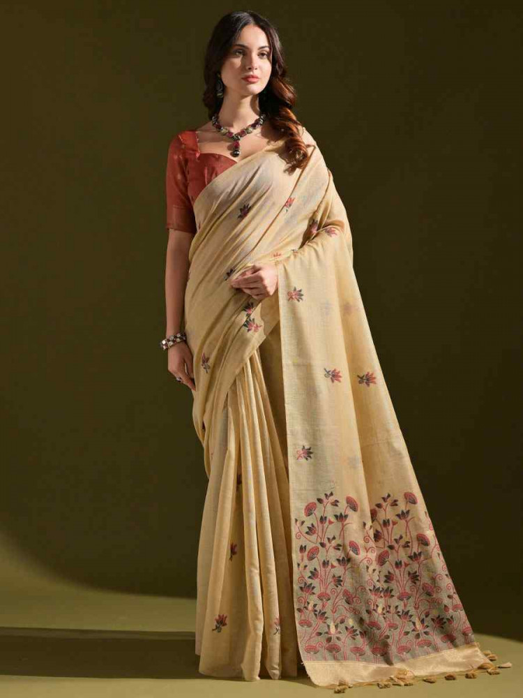 Image of Cream Premium Soft Muga Cotton Handwoven Casual Reception Festival Wedding Fancy Classic Style Sarees
