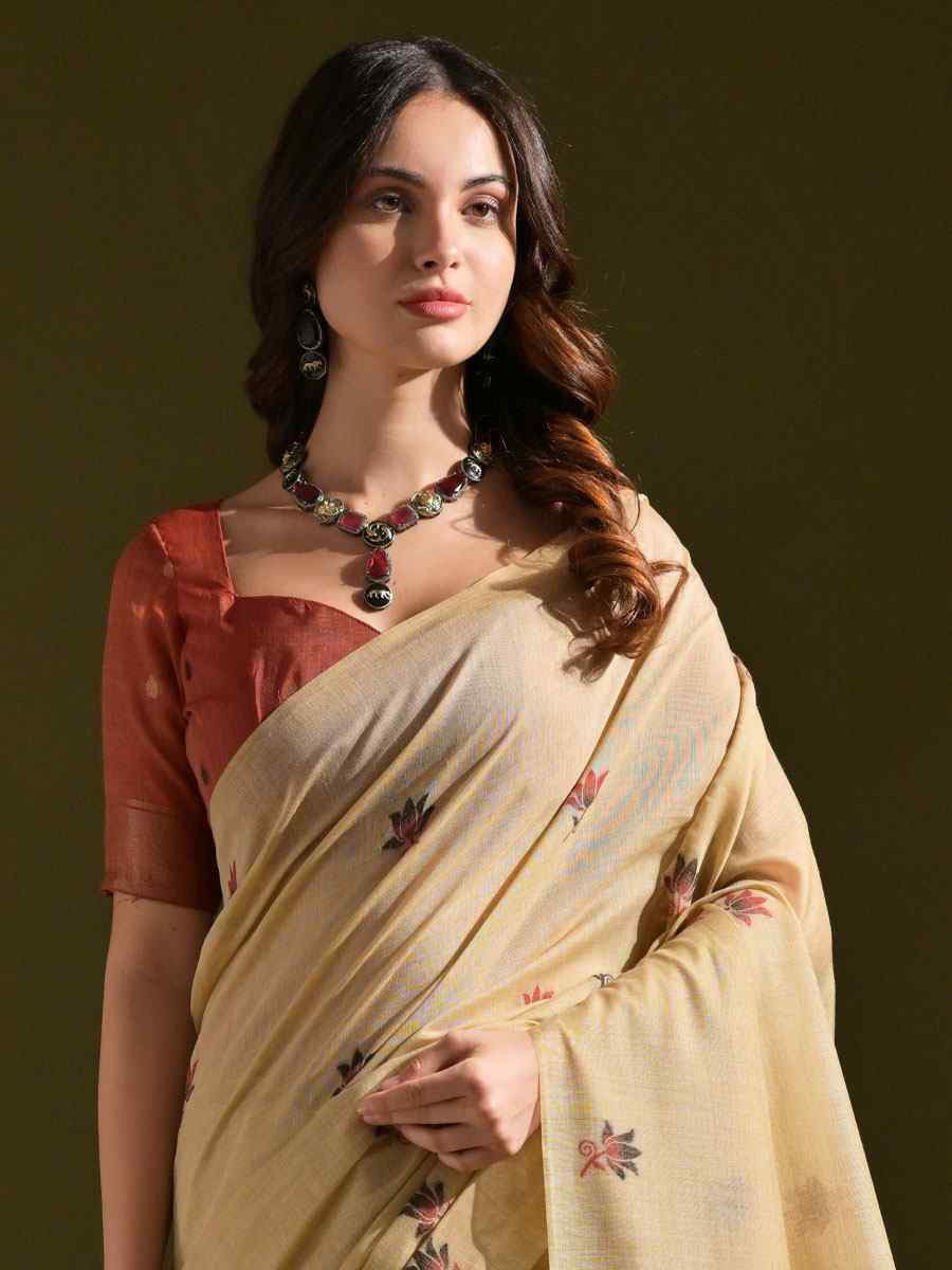 Cream Premium Soft Muga Cotton Handwoven Casual Reception Festival Wedding Fancy Classic Style Sarees