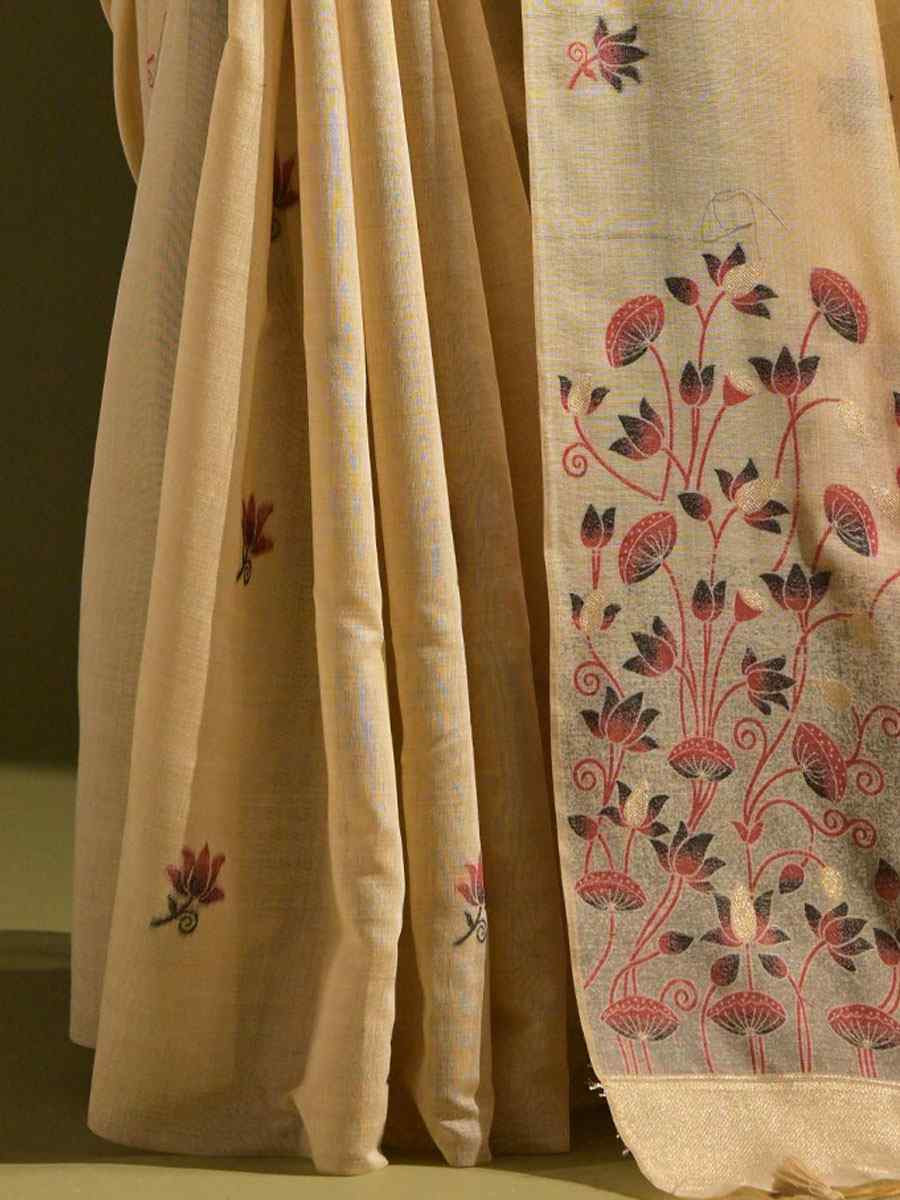 Cream Premium Soft Muga Cotton Handwoven Casual Reception Festival Wedding Fancy Classic Style Sarees