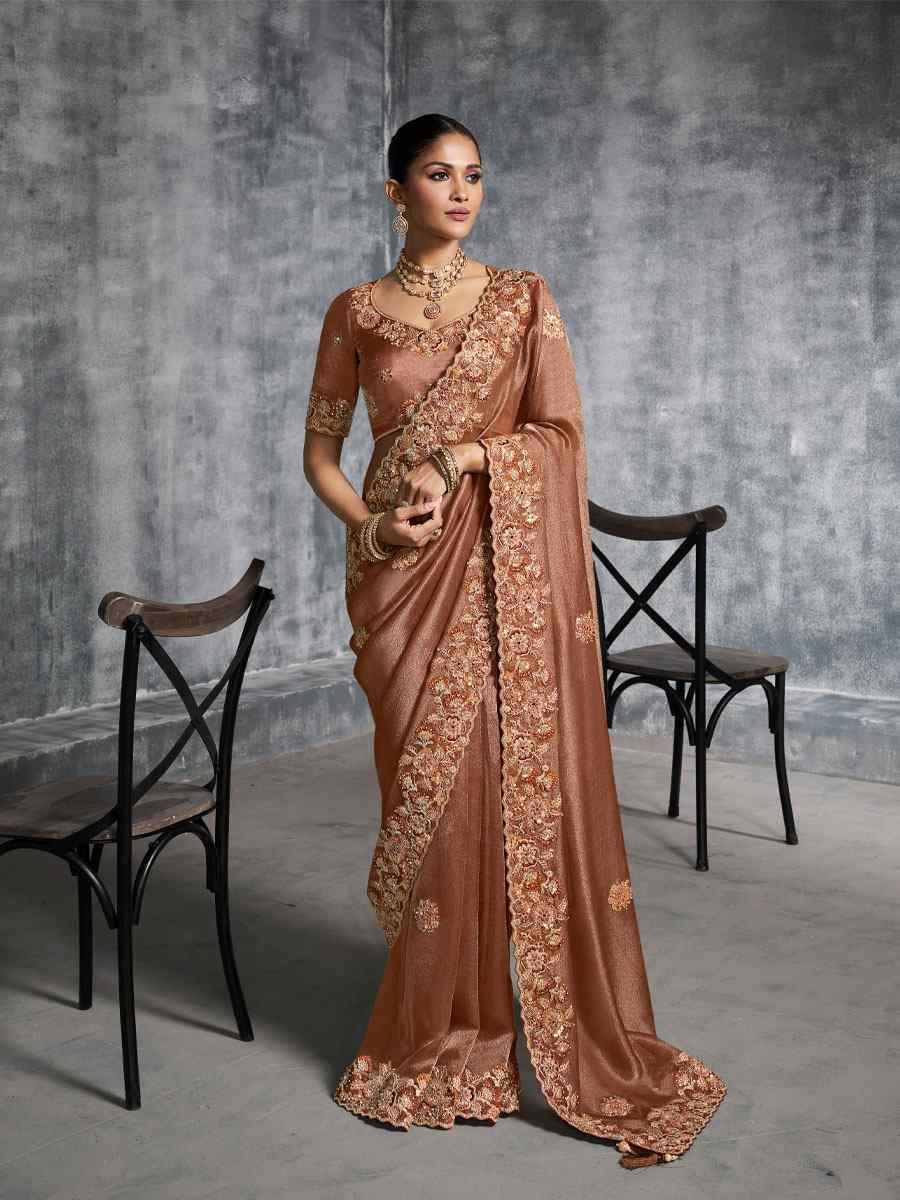 Cream Premium Tissue Silk Embroidery Traditional Casual Reception Festival Wedding Fancy Heavy Border Saree