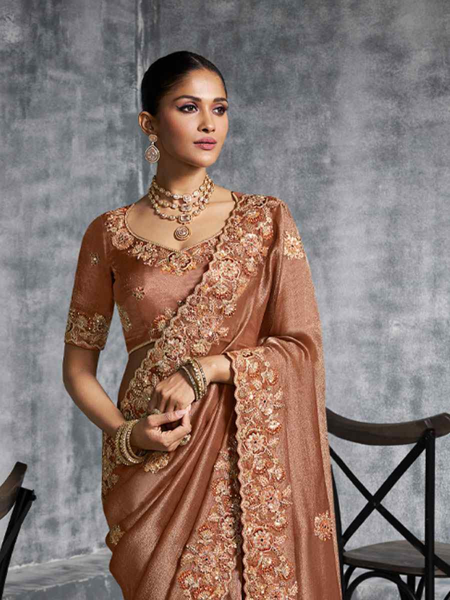 Cream Premium Tissue Silk Embroidery Traditional Casual Reception Festival Wedding Fancy Heavy Border Saree