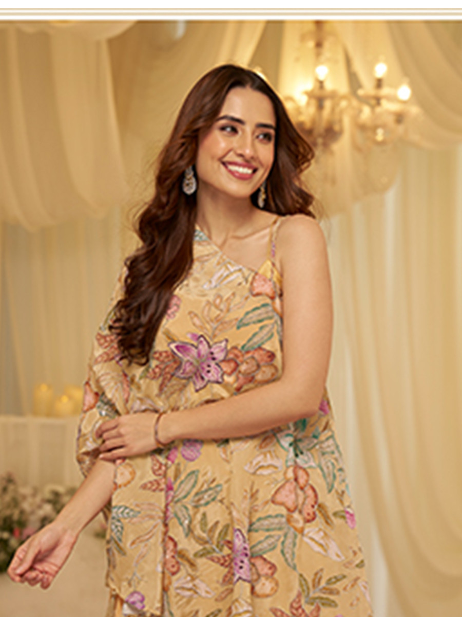 Cream Premium Viscose Natural Crepe Printed Casual Party Wear Ready Kurti Bottom Women Wear