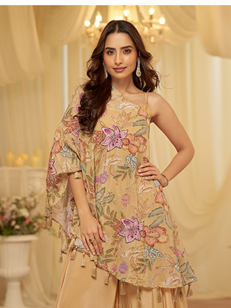 Cream Premium Viscose Natural Crepe Printed Casual Party Wear Ready Kurti Bottom Women Wear