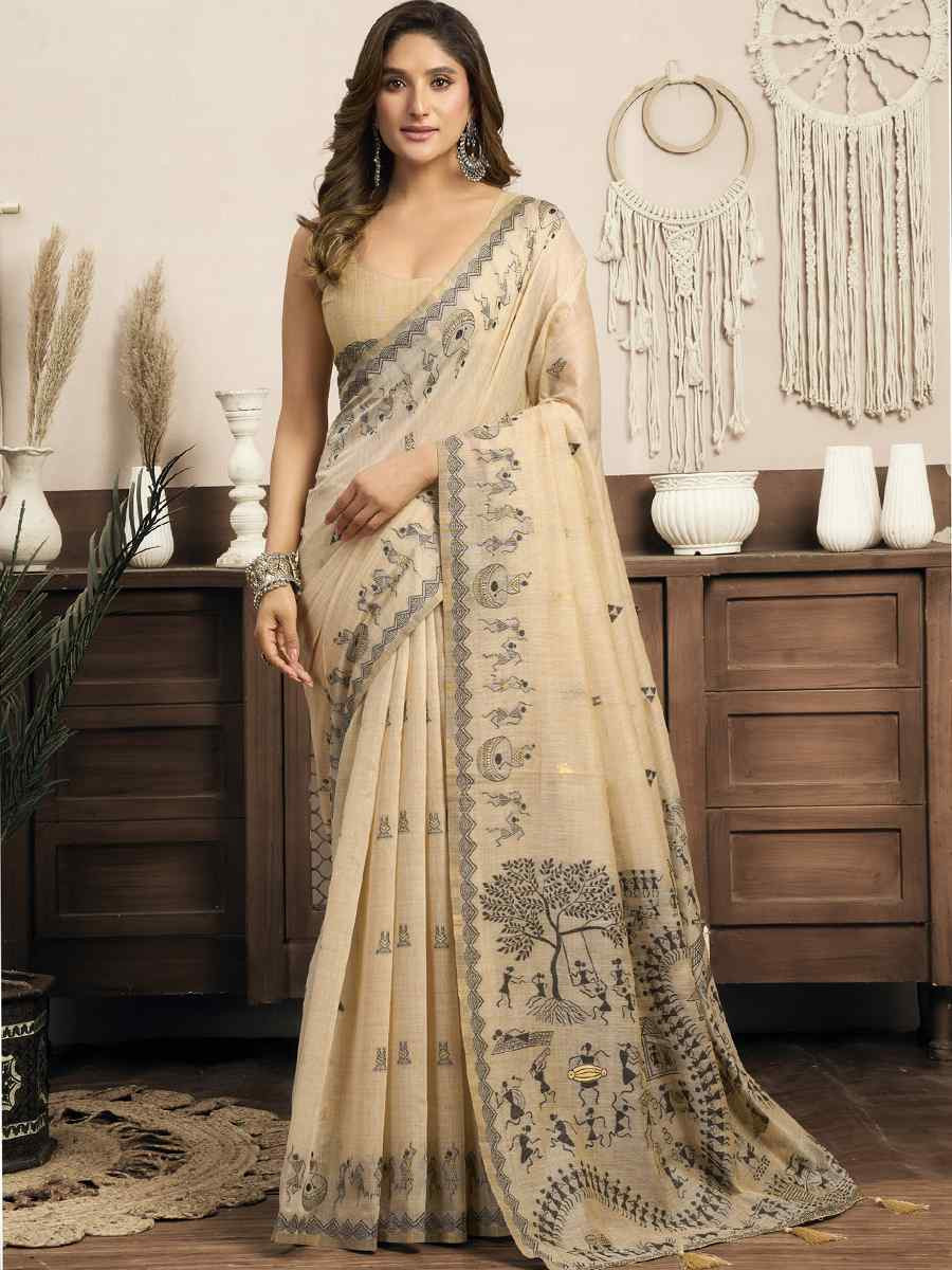 Cream Printed Casual Reception Festival Wedding Fancy Heavy Border Sarees